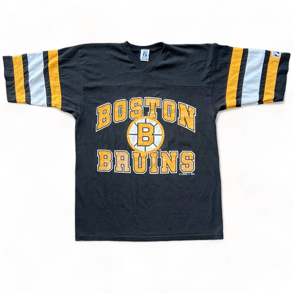 LOGO 7 Other - Vintage 80s Boston Bruins Hockey NHL Jersey T-Shirt 3/4 Sleeve Black Logo 7